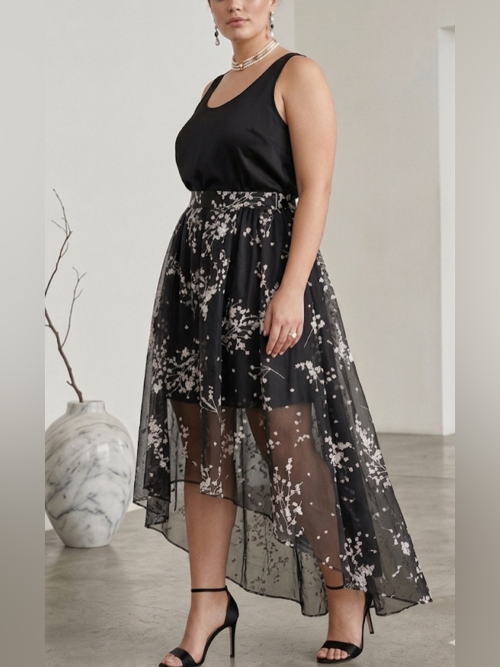 Floral Lace Overlay Skirt Black 2X A-Line Full Hi-Low Lined Elegant Formal